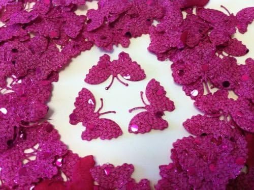 100pcs Fabric Glittery Butterflies for D I Y Card Crafting &amp; Sewing (Cerise)
