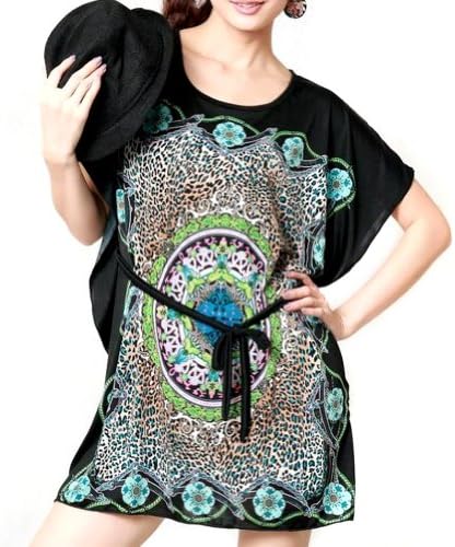 LOCOMOLIFE Women Persian Antique Paisley Pattern Scoop Neck Bat Wing Sleeve Loose Fitting Casual Mini Tunic Dress with Waistband Black Green One Size (Small to Medium) FFD020