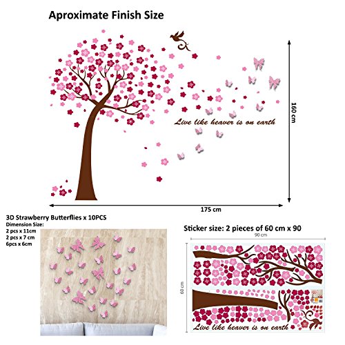Walplus Entfernbarer selbstklebend Wand Sticker Riesig pink Baum mit 3D Schmetterlinge rosa weiß gepunktet Wandbild Kunst Zuhause Wohnzimmer Dekoration Dekor Restaurant Café Hotel Kinderzimmer - 4