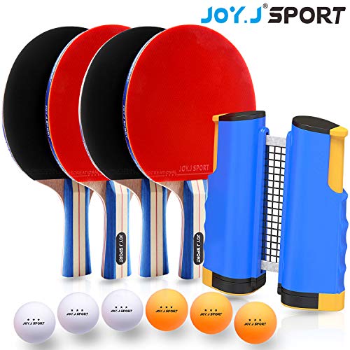 Joy.J Sport Ping Pong Paddle Set with Retractable Net - 4 Premium Table Tennis Rackets - 6 Standard 3-Star Balls, Training/Recreational Racquet Kit, Portable Cover Case Bag