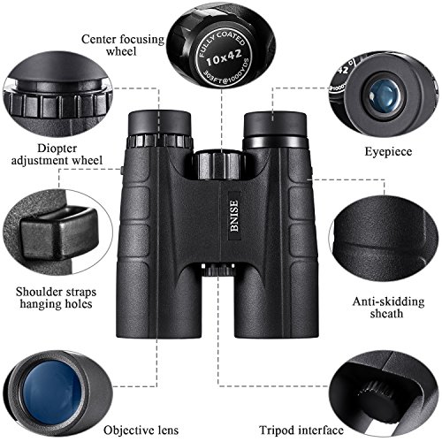 BNISE Binocolo Professionale, Compatto 10x42 HD, Prisma BaK4 FMC con Lenti Completamente Multistrato, Adatto Viaggi All'aperto, Bird Watching, Da Teatro, Caccia e Concerti, Adattatore per Smartphone