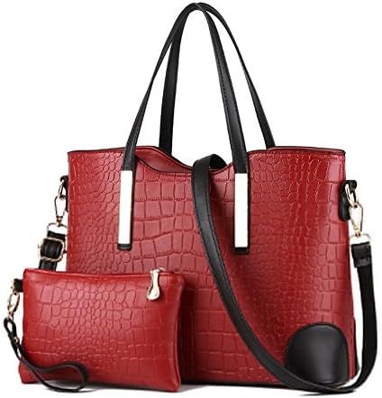 PU Leather High Capacity Crocodile Pattern Women Day Clutch Handbag Plus Wallet Set of 2 Red
