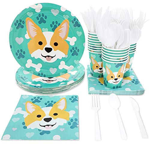 Blue Panda Articoli per Feste per Gli Amanti dei Cani Feste a Tema (Piatti, coltelli, cucchiai, forchette, Tazze e tovaglioli) Serve 24 Multicolore