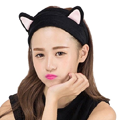Contever® 1x Niedlich Katzenohren Stirnbänder Flannel Mädchen Turban Haarband Baden Spa Make up Haarreif Elastisch -- Schwarz