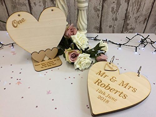 Rustic Alternative Wedding Guest Book &amp; Table Number Personalised Set - Turns into a Wooden Heart Shaped Keepsake Album (Set with 3 Table Number Hearts)