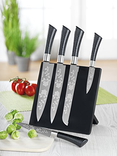 Esmeyer 291-554 5-teiliges Messerset „FLOWER“, inkl. Block, mit titanbeschichtete Klingen aus hochwertigem Edelstahl mit Lasergravur in Rosendesign. - 2