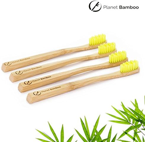 ♻ Planet Bamboo ♻ Bamboo Toothbrush in a set of 4 for children (Yellow | Medium-Soft), narrow handle for children's hands, natural toothbrush in tasteful Panda packaging