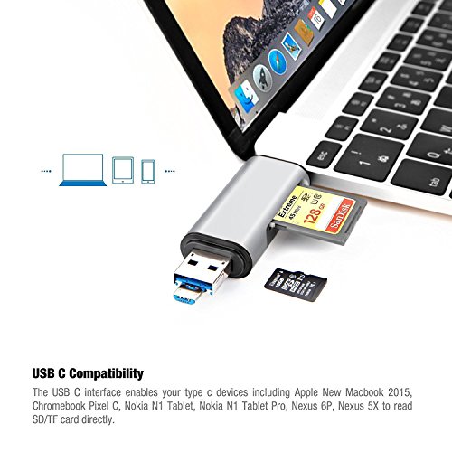 ESYNiC USB C Adapter 3 in 1 Micro SD SDHC USB Kartenlesegerät Speicherkartenleser Unterstützt USB-A Micro-USB USB-C Typ-C aus Aluminium für neues Macbook Chromebook Pixel Nokia N1 Tablet Nexus 6P Laptop OTG Smarthandy OnePlus 1 usw – Silber - 4