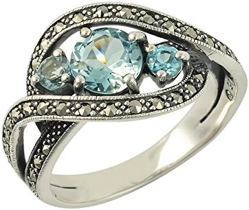 Esse Marcasite Sterling Silver Blue Topaz and Marcasite Eliptical Twist Ring