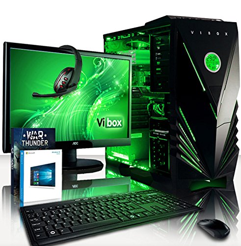 VIBOX Crusher Komplett-PC Paket 54 Gaming PC - 4,2GHz Intel i7 Quad Core CPU, GT 710 GPU, preiswerte, Desktop Gamer Computer mit Spielgutschein, 22" HD Monitor, Tastatur & Mouse Set (DE QWERTZ), Windows 10, Grün Innenbeleuchtung, lebenslange Garantie* (3,6GHz (4,2GHz Turbo) Superschneller Intel i7 7700 Kabylake Quad 4-Core Prozessor CPU, Nvidia GeForce GT 710 2GB Grafikkarte GPU, 16GB DDR4 2133MHz RAM, 120GB SSD, 3TB Festplatte, Raijintek CPU Kühler, 400W 85+ Netzteil, Vibox grünes Gehäuse)