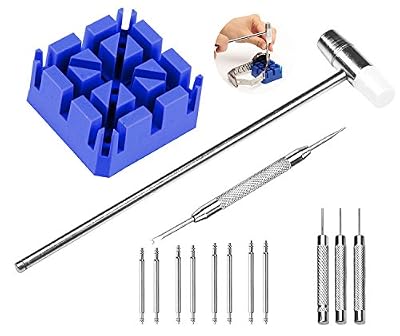 SRXWO Kit de réparation de montre : kit d’outils avec tournevis pour retrait des maillons/posage pour bracelet/marteau à double tête/goupilles (18 20 22 24 mm)/chasse-goupilles - Kit de réparation et de démontage de bracelet de montre, idéal pour…