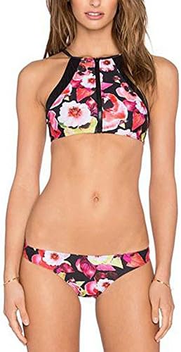 Akalili Women's 2 Pcs Unique Floral Zipper High Neck Bikini Set Swimsuit Top &amp; Bottom Swimming Suit
