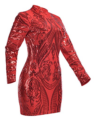 Damen Slim Kurze Pailletten Kleider Langarm Bodycon Kleid Mit Rundkragen Rot M - 4