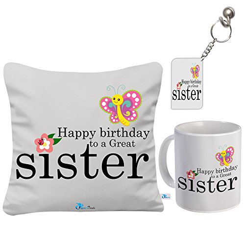 Sky Trends Ceramic Coffee Mug, Keychain and Cushion Cover with Filler Gift Combo for Sister (Multocolour, 30X30cm)
