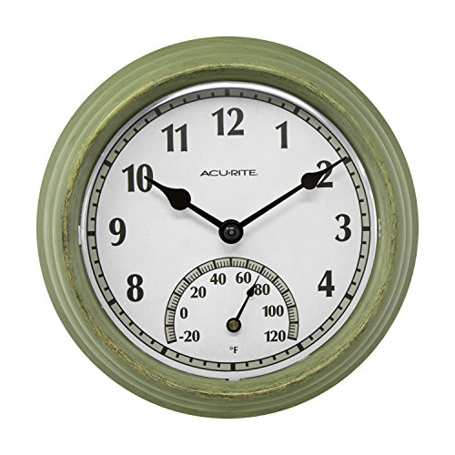 02470 Rustic Green Outdoor Clock with Thermometer, 8.5"