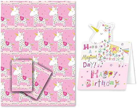 Luxury Unicorn Gift Wrap & co-ordinating Birthday Card - 2 sheets with matching mini card gift tags