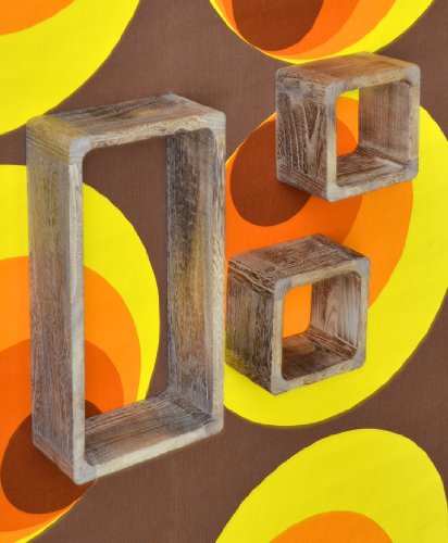 3er Set Lounge Cube Regal Landhaus Stil Wandregal Retro Hängeregal Massivholz in Shabby Hellbraun - 7