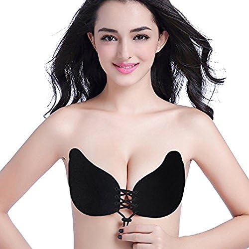 Women’s Strapless Bra, Goodsmiley Self Adhesive Invisible Backless Push Up Bra Silicone Wing Bra with Drawstring for Girls, Woman (A Cup, Black)