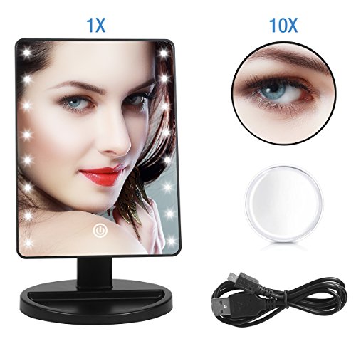 Duomishu Kosmetikspiegel/Make-up-Spiegel/Schminkspiegel mit 16 LEDs + 10 fache Lupe zur Vergrößerung+Silikagel-Puderquaste+ Bedienungsanleitung +USB-Kabel Beleuchteter Dimmbarer 180°Drehbar Schminkspiegel Kosmetik Standspiegel Batteriebetriebe oder mit USB-Kabel(Batterien nicht enthalten)