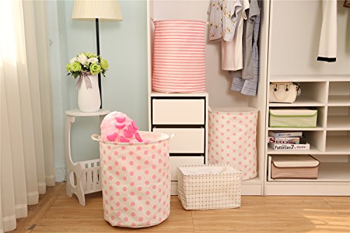 Sea Team 19.7″ Large Sized Waterproof Coating Ramie Cotton Fabric Folding Laundry Hamper Bucket Cylindric Burlap Canvas Storage Basket with Stylish Pink & White Polka Dot Design - 6