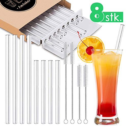 Amteker - Pajitas de Cristal, 8 Unidades, Reutilizables, con 4 cepillos de Limpieza, sostenibles, Ideales para Batidos, Batidos de Leche, cócteles (4 pajitas largas y 4 pajitas Rectas Cortas)