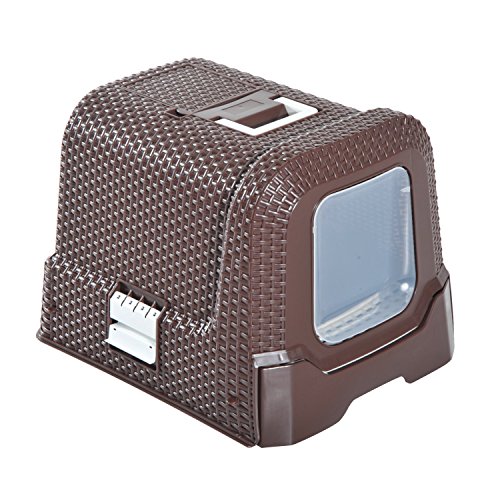 PawHut Arenero Gatos Portatil Cubierto 54x42x41cm Aseo Puerta Basculante Cafe
