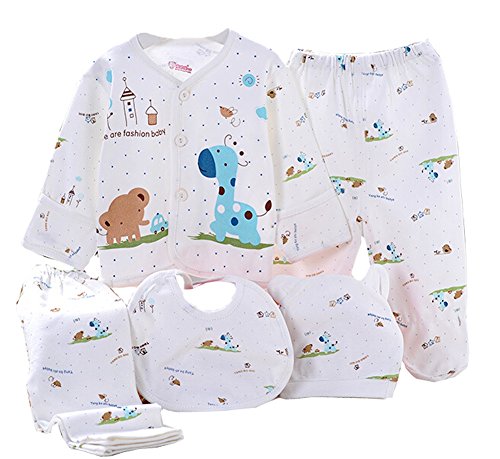 WANGSAURA Baby Infant 5pcs Cotton Clothing Set (Cap+Bib+Pajamas Suit+Pants)Newborn Caring Gift 0-3 Months (Blue)
