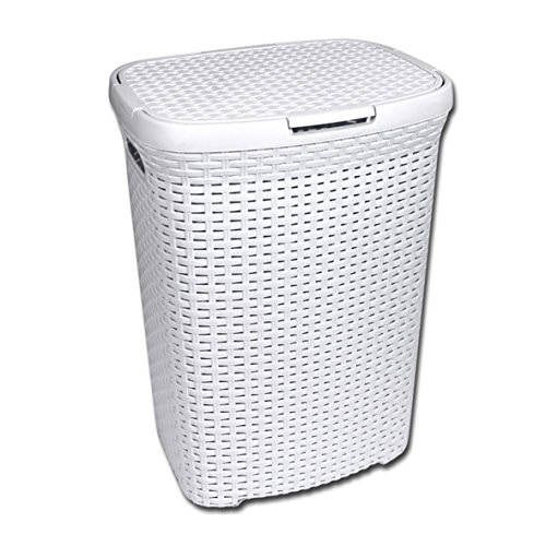 SFR Wäschetruhe Rattan L=43cm B=33cm H=50 cm in Weiß Rattan Wäschekorb Aufbewahrungskorb Wäschekorb im Rattan Design Wäschesammler Wäschebox Wäschebehälter Wäschetonne Wäschetruhe in Flechtoptik Wäschekorb mit Klappdeckel Wäschewanne Rattanoptik Rattan Optik
