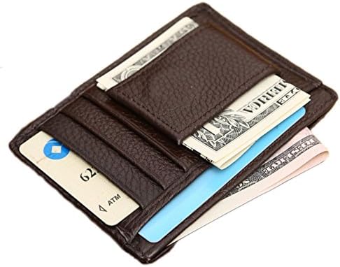 Brown Genuine Leather Magnetic Money Clip ID Slim Holder Wallet for Cards Mini Size Convenient Minimalist