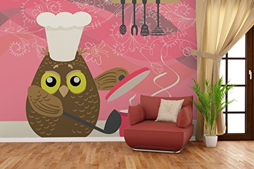 Premium XXL Vliestapete Lustige Eule beim Kochen mit Kochmütze – Größe: 400 x 267 cm - 4