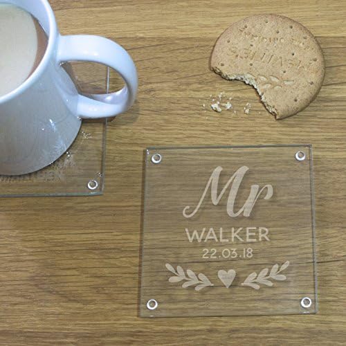 Set of 2 engraved coasters - Personalised glass coaster for couples, mr & mrs wedding gift, his and hers etched custom coasters personalized