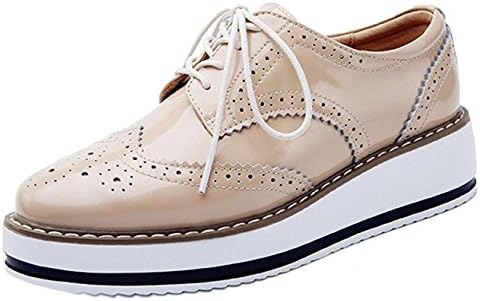 Zhhuawy Women's Platform Lace-up Wingtips Square Toe Oxfords Shoe Apricot 5 UK