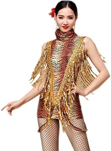 Byjia Modern Women Latin Dance outfit Leopard Tiger stripes Tassel Sequins Diamond Handmade costume Professional Performance Embroidery Dress clothes , b , m