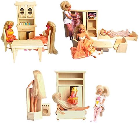 Obique Children's Natural Pine Wooden Toys Set of 3, Bathroom, Kitchen and Bedroom for Dolls and Barbie Dolls