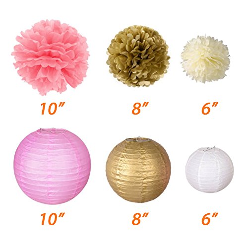 16 Stk Party Deko Set Papier Pompoms Laterne und Girlande (Hellbeige + Rosa + Gold) Rund Lampions Dekoration Pompons für Hochzeit Geburtstag Taufe Weihnachten - 4