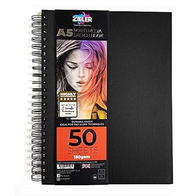 Zieler Carnet de croquis de supports mixtes à spirale - 150 g / m², 50 feuilles - de Zieler. À utiliser avec les crayons, le fusain, le graphite, les pastels et l'aquarelle légère. Feuilles perforées (A5)