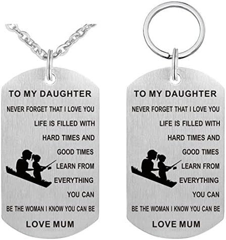 Pendant Necklace &amp; Keychain Set - Gifts for Son Daughter Grandson Granddaughter Friend Boys Girls, Jewelry Military Stainless Dog Tag Necklace (Mum To Daughter (Be The Woman))