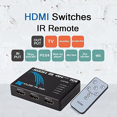 HDMI Switcher Intelligent 5 Port 1 Out with IR Remote Support 3D and 1080P for HDTV PS3 Xbox Blu-ray DVD STB PC etc(plastic Box HDMI Cable V1.4)