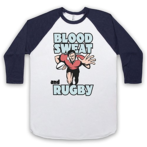 Blood Sweat And Rugby Rugby Slogan 3/4 Hulse Retro Baseball T-Shirt Weis & Ultramarinblau