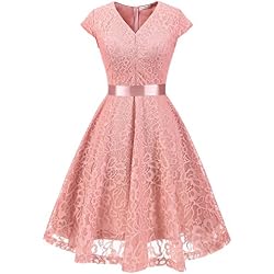 MuaDress 6004 Fashion Vestido Corto De Fiesta Elegante Mujer De Encaje Escote en V Estampado Flor Vestido Boda Cóctel Rubor S