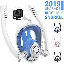 HENGBIRD Masque de Plongée 100% Antibuée sans CO2 avec Deux Tubas Rotatifs à 360° Anti-Fuite Masque Snorkeling Plein Visage 180° avec Support pour Caméra Sport