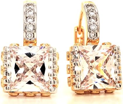Real yellow gold plated large princess white gem earrings hoop silver tone with purple bag and black gift box