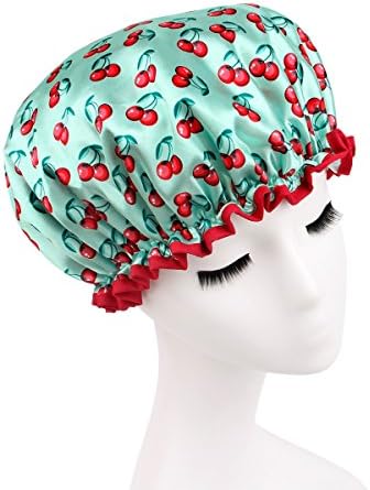 Shelley commerce Waterproof Double Layers Women's Shower Cap Reusable Bath Cap Bathing Hat (Green Cherry)