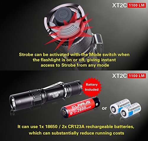 Bundle: KLARUS XT2 C Cree xp-l Hi V3 LED 1100 Lumen Taschenlampe mit 18650 2600 mAh wiederaufladbarer Li-Ion-Akku + thenines USB-Light - 3