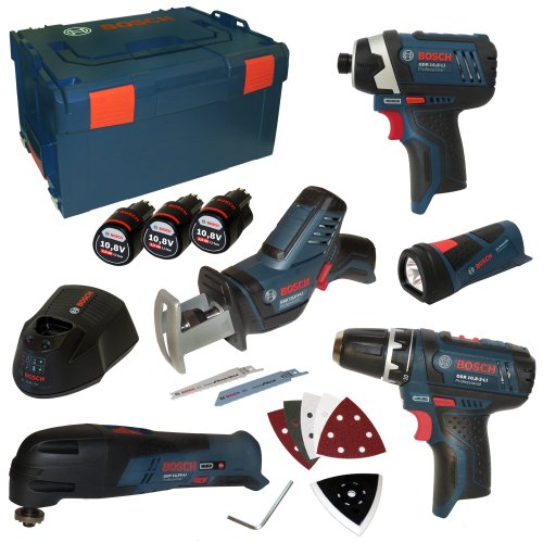 Bosch Five-Tool-Set LIMITED EDITION 10,8V inkl. GSA GOP GLI GDR GSR mit 3x 10,8V 2,0Ah Akku und Ladegerät AL1130CV in L-Boxx Gr. 3