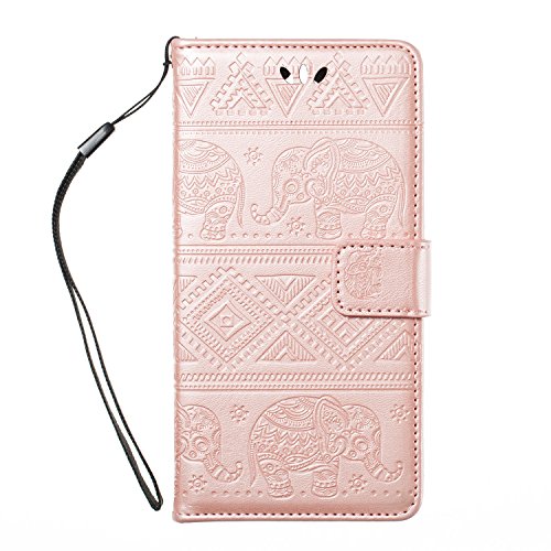 Cover Huawei Y5 2017, Custodia Huawei Y6 2017, CaseLover PU Pelle Libro Flip Portafoglio Goffratura Elefante Custodia per Huawei Nova Young / Huawei Y5 III Interno Silicone TPU Protettiva Caso con Porta Carte Chiusura Magnetica Supporto Funzione Appoggio Cuoio Protezione Copertura (5.0 Pollici) - Oro Rosa