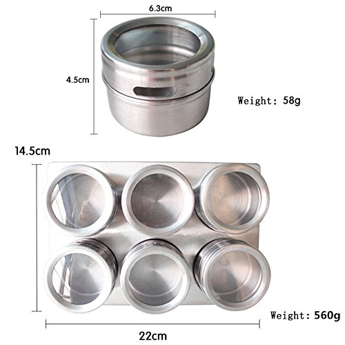 Edelstahl-Gewürzgläser, 6-teilig Magnetischer Würze-Topf mit Trestle & Rotating Transparent Deckel von Xuanlan (rund, silber) - 4