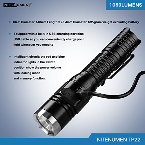 Das Set für USB aufladbare taktische Taschenlampe,Cree XP-L V5 LED 1060 Lumen USB nachladbare taktische Taschenlampe:Leistungsfähige helle super helle wasserdichte Fackel,18650 nachladbare Li-Ionbatterie-Nitenumen TP22 - 3