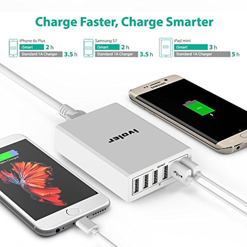 iVoler Caricabatterie USB da Muro 6 Porte 60W (5V/12A Max, 2.4A Max per Porta), Caricatore USB da Tavolo 6 Porte, Alimentatore multi-porta con Tecnologia Qsmart per iPhone, iPad, Samsung Galaxy, Huawei,ASUS, LG, HTC, Sony,Motorola,Tablet, Smartphone e gli altri dispositivi USB. [Incluso un Cavo iPhone (1m) & Cavo Micro USB (1m)] (Bianco)