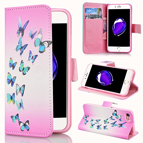 Preisvergleich Produktbild SMART LEGEND iPhone 7 Lederhülle Ledertasche Brieftasche Hülle Klapphülle Schutzhülle Gemalt Muster Premium Neu Flip Leder Schale Wallet Case Folio Tasche Inner Weiche Silikon Etui Ledercase Handytasche mit Standfunktion Kreditkarte ID Slots und Magnetverschluss Cover - Schmetterling